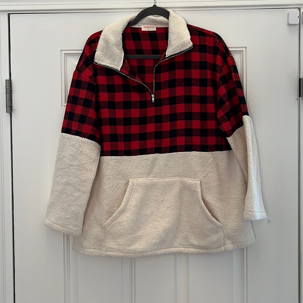 Red & Black checkered quarter zip fleece - size L